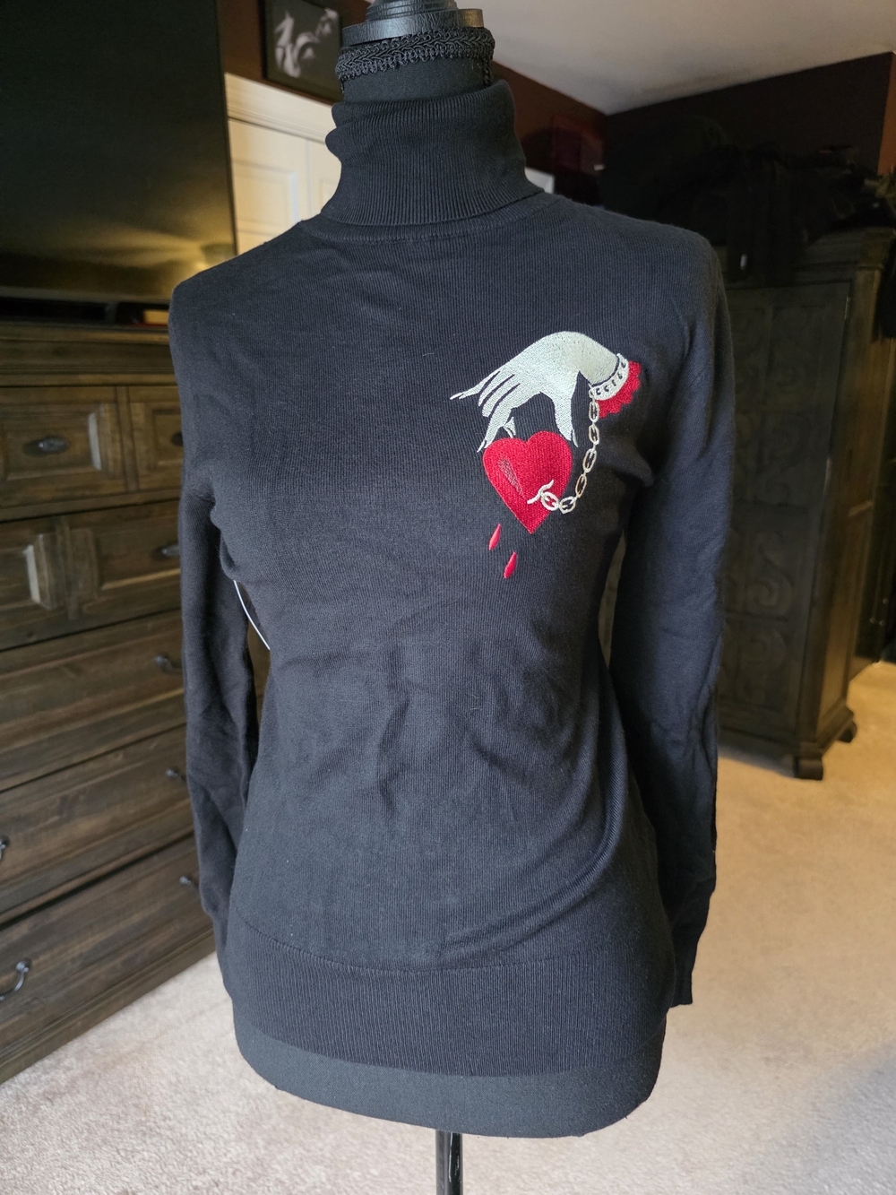 Mischief Made Captive Heart Embroidered Turtleneck Sweater Small NWT Goth Pinup